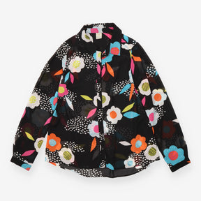 Shirt Blouse Black Floral Print Button Down Long S