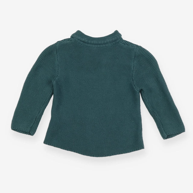 Green collared cardigan with wooden button