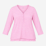 Top Pink Striped Henley V Neck 3 4 Sleeve