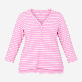 Top Pink Striped Henley V Neck 3 4 Sleeve