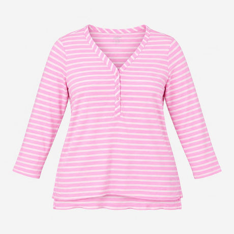 Top Pink Striped Henley V Neck 3 4 Sleeve