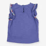 t-shirt purple with multi coloured pom sleeves
