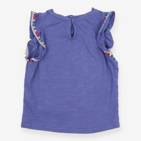 t-shirt purple with multi coloured pom sleeves