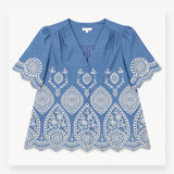 Broderie Blouse in Chambray Blue and Ivory