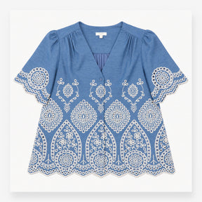 Broderie Blouse in Chambray Blue and Ivory