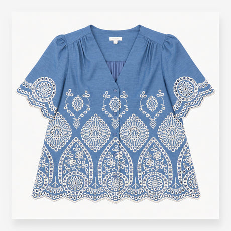 Broderie Blouse in Chambray Blue and Ivory