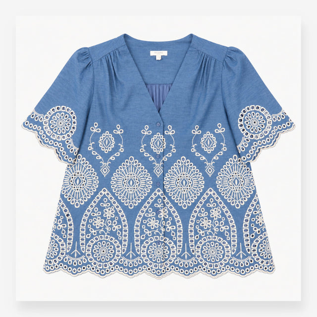 Broderie Blouse in Chambray Blue and Ivory