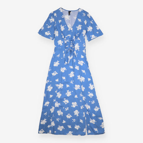 Maxi Dress Blue Ivory Floral Wrap Tie Waist Split
