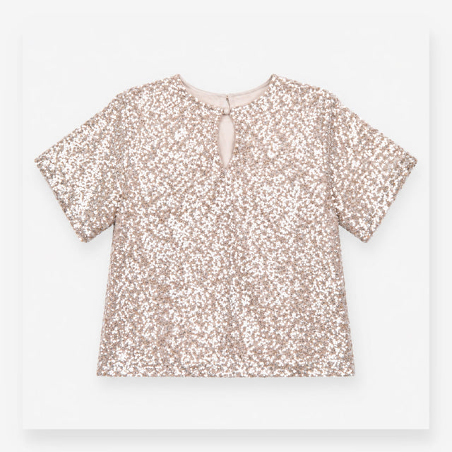 Sequin Top in Champagne Silver with Short Sleeves