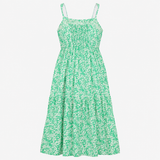 Midi Dress Green White Abstract Print Tiered Strap
