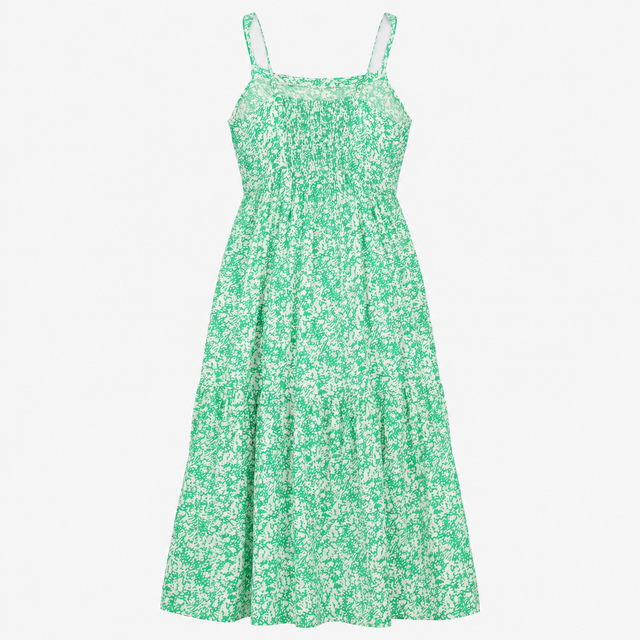 Midi Dress Green White Abstract Print Tiered Strap