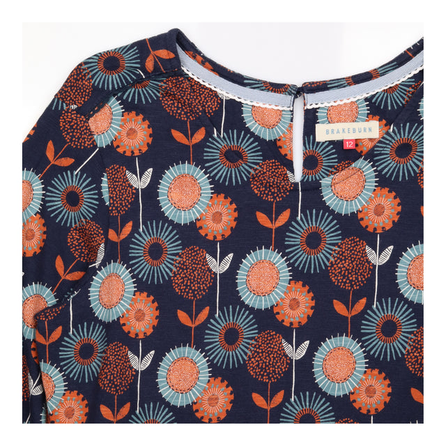 Navy Retro Floral Cotton Long Sleeve Dress with Po