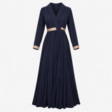 Maxi Dress Navy Gold Trim Wrap Front Long Sleeve