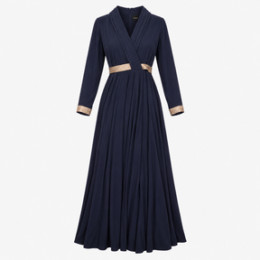 Maxi Dress Navy Gold Trim Wrap Front Long Sleeve