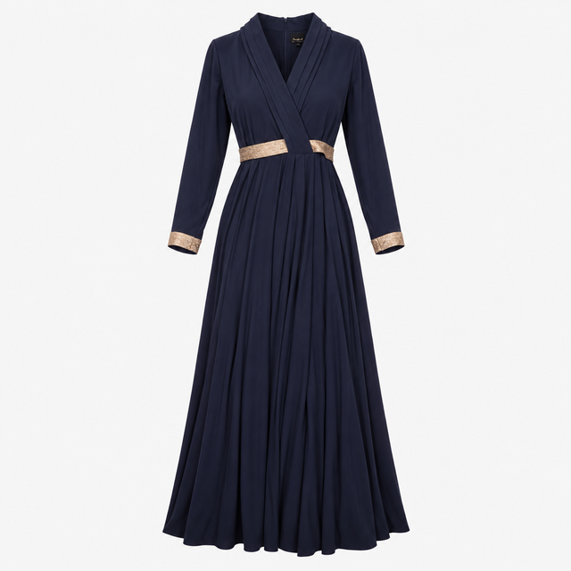 Maxi Dress Navy Gold Trim Wrap Front Long Sleeve