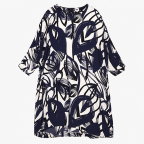 Midi Dress Navy Ivory Abstract Print Relaxed Fit