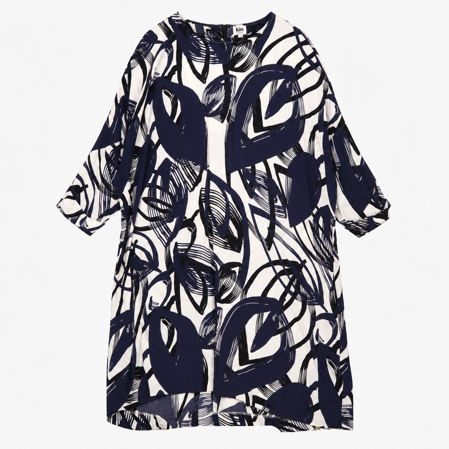 Midi Dress Navy Ivory Abstract Print Relaxed Fit