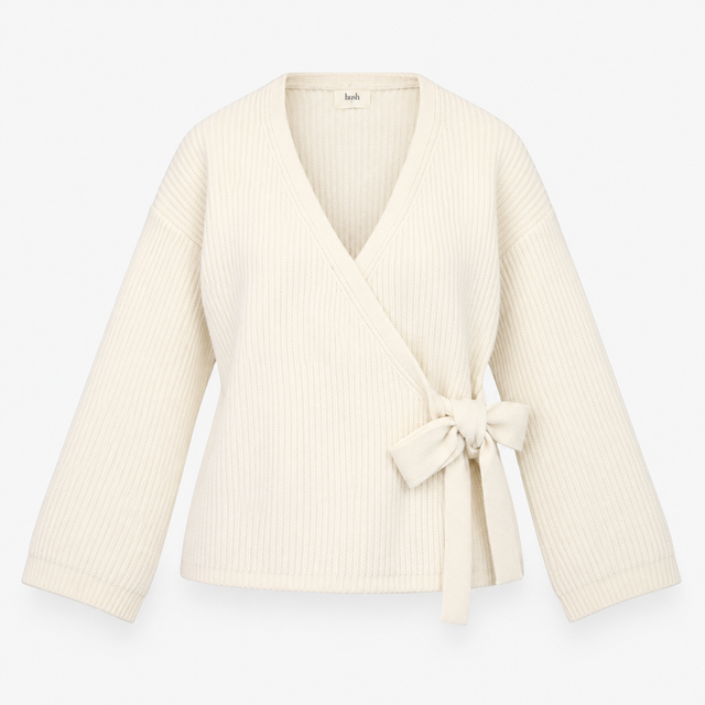 Wrap Cardigan Cream Textured Wool Blend Tie Waist