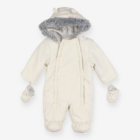 Pramsuit cream 6 buttons grey fur hood 