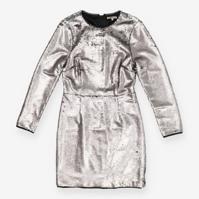 Two‑Tone Sequin Long Sleeve Silver Mini Dress – Fu