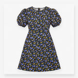 Black Blue Floral Puff Sleeve Mini Dress