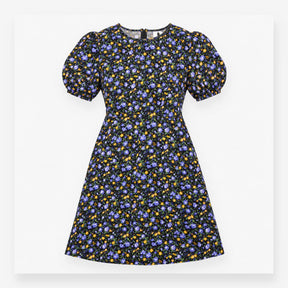 Black Blue Floral Puff Sleeve Mini Dress