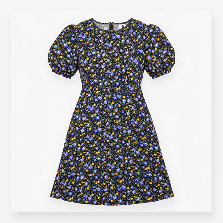 Black Blue Floral Puff Sleeve Mini Dress
