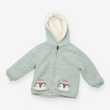 Green zip up fleece lined jacket with penguins