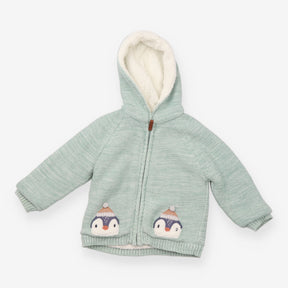 Green zip up fleece lined jacket with penguins