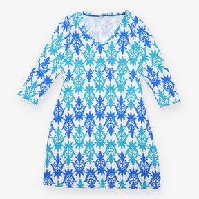 Printed Dress Cream Blue Teal Floral V-Neck