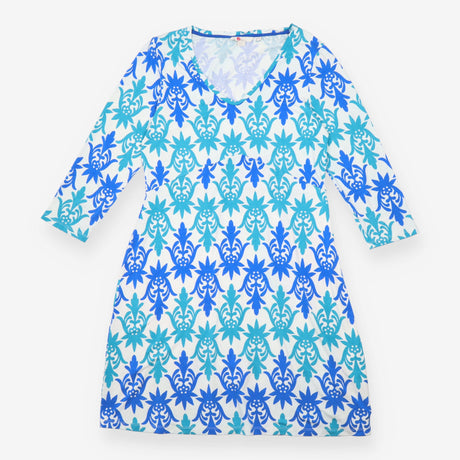Printed Dress Cream Blue Teal Floral V-Neck