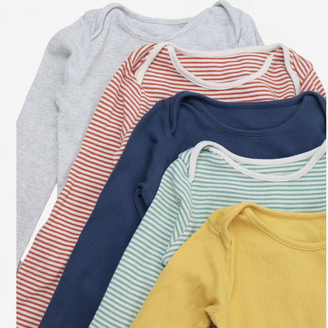 Bodysuit 5pcs Long Sleeve Ribbed Stripes & Plain