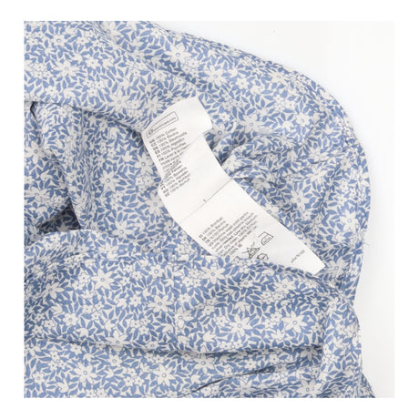 Top Blue White Floral Print Cotton Elasticated Nec