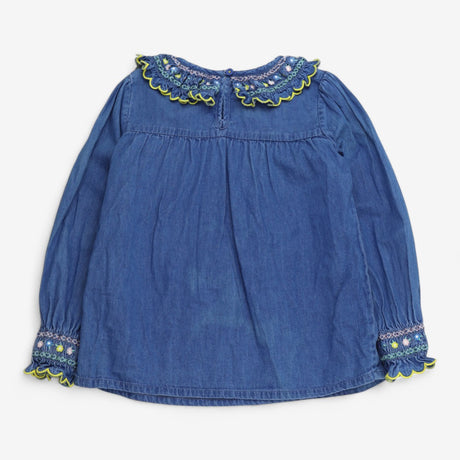 Denim Blouse with Floral smock Collar