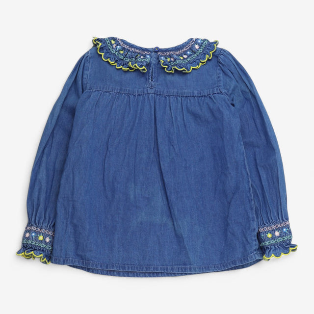 Denim Blouse with Floral smock Collar