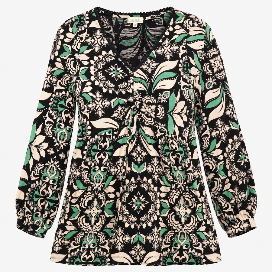 Dress Black Green Floral Cotton Modal Tie Waist