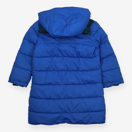 Long blue coat fleece lined hood green stripe