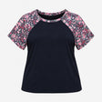 Top Black Pink Floral Print Short Sleeve Crew Neck