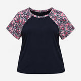Top Black Pink Floral Print Short Sleeve Crew Neck