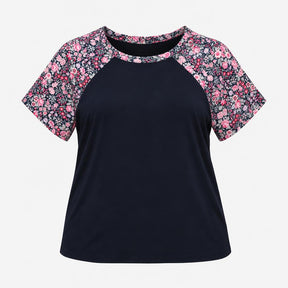 Top Black Pink Floral Print Short Sleeve Crew Neck