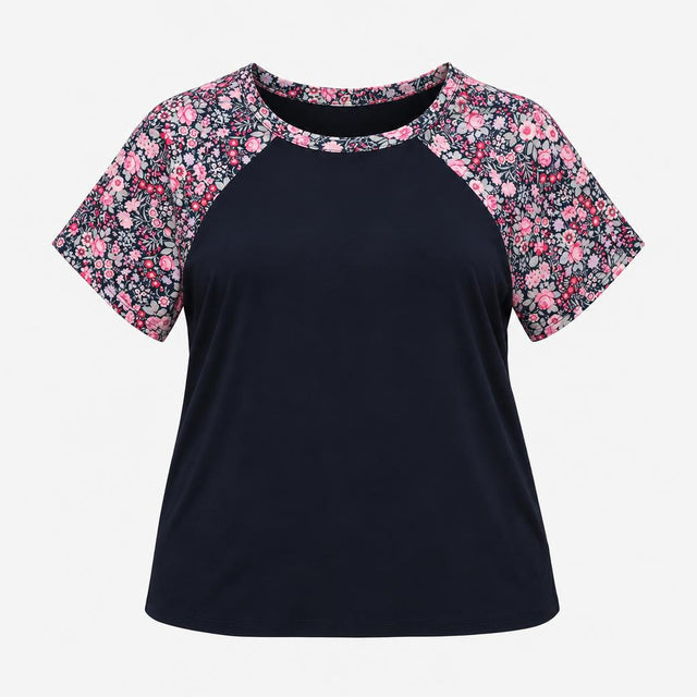 Top Black Pink Floral Print Short Sleeve Crew Neck