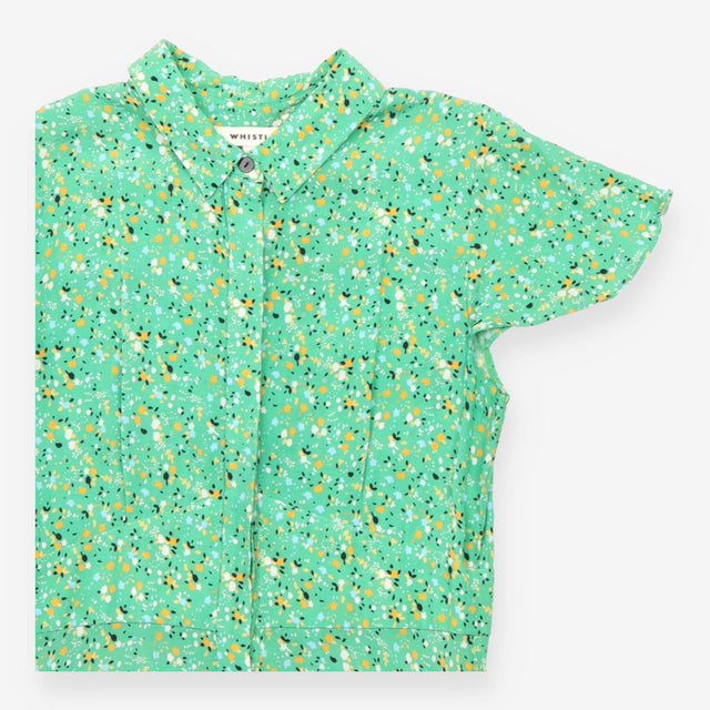 Green Printed Maxi Shirt Dress Short Sleeve