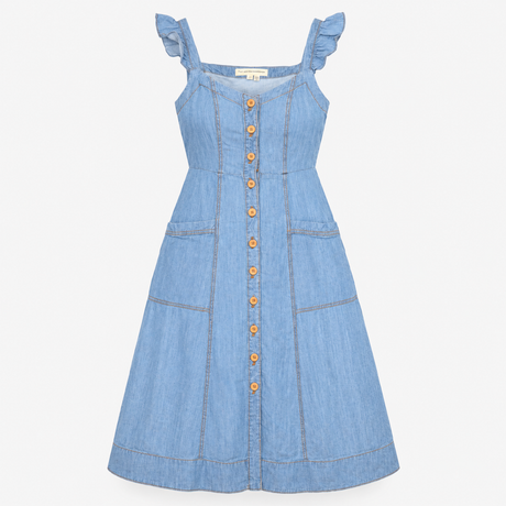 Denim Midi Dress with Tie Straps and Button Front