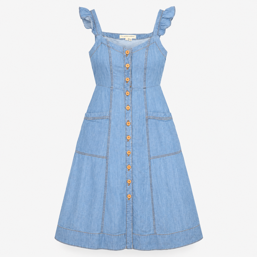 Denim Midi Dress with Tie Straps and Button Front