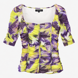 Top Yellow Purple Print Ruched Square Neck