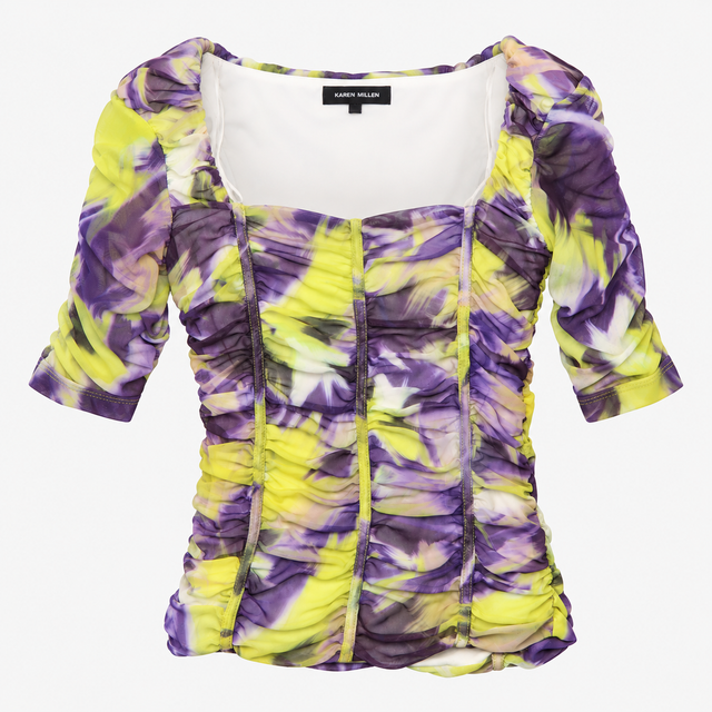 Top Yellow Purple Print Ruched Square Neck