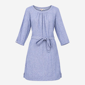 Blue White Striped 100% Linen Belted 3/4 Sleeve Sh