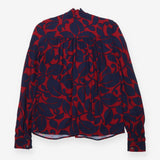 Blouse Navy Red Abstract Floral Tie Neck