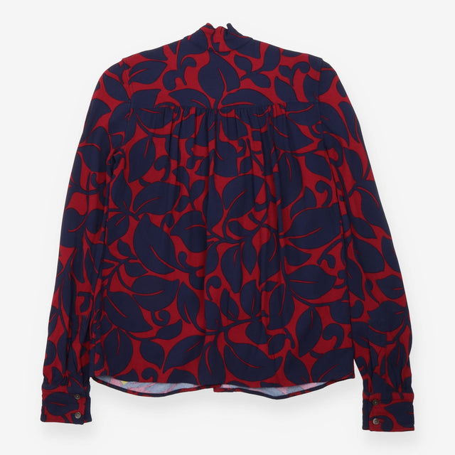 Blouse Navy Red Abstract Floral Tie Neck