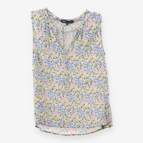 Yellow Pink Ditsy Floral V Neck Sleeveless Blouse